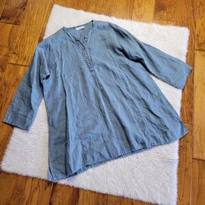 Homefrocks Linen Tunic Dress Women's Small Blue Popover Buttons Long Sleeve